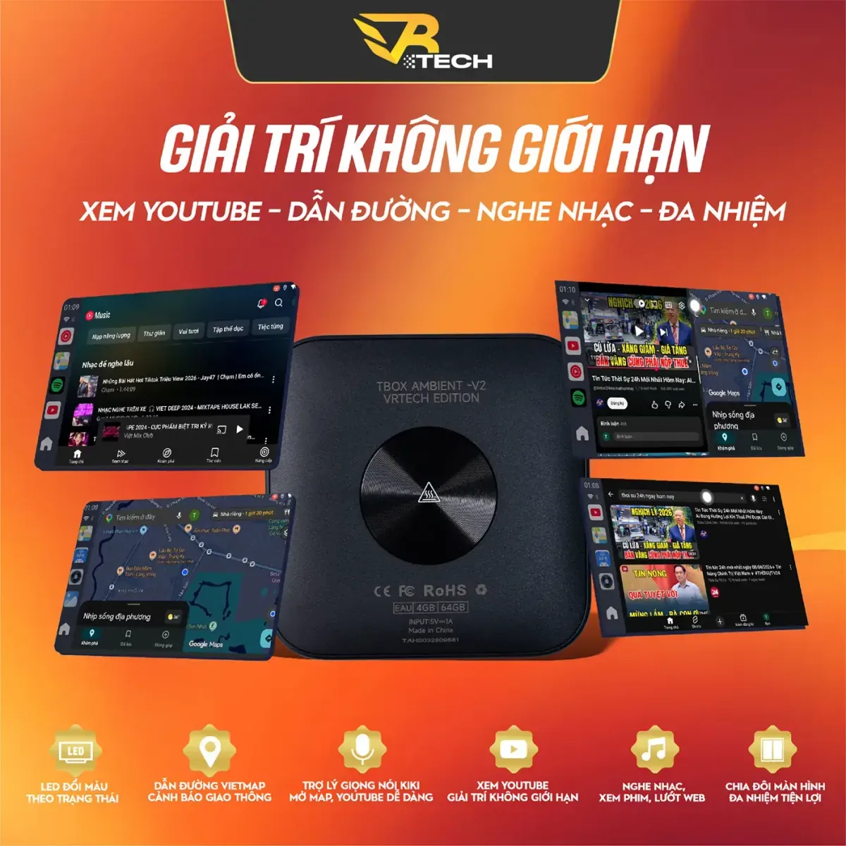 Carlinkit AMBIENT V2 hỗ trợ giải trí, bản đồ và chia đôi màn hình trên ô tô