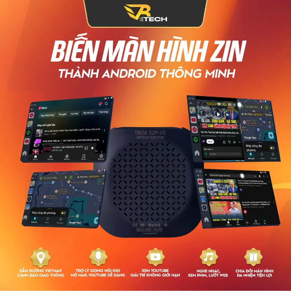 Carlinkit S2P V2 hỗ trợ giải trí, bản đồ và chia đôi màn hình trên ô tô